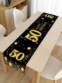 1pc Black Gold Polyester Table Runner, Rhinestone Balloon Pattern Birthday Table Runner For 50th Birthday Party Decor Supplies - Black Gold - View 5