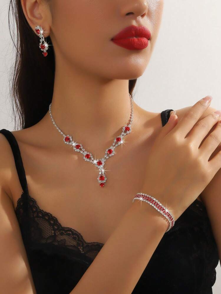 Set Gioielli Donna Cuore Rosso Con Strass: Collana, Orecchini A Cerchio E Bracciale - 2