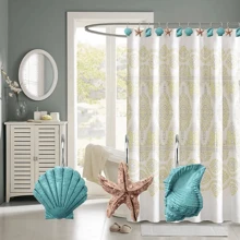 12pcs Ocean Series Shower Curtain Hooks, Seashell Shower Curtain Hooks, Blue-Green Color Starfish, Conch Shell Shower Curtain Hooks, Bathroom Accessories Home Bathroom Decor Fall Decor Back To School