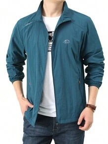 1pc Men's Sun Protection Clothing Solid Lightweight Jacket, Summer, Zipper Pocket, Stand Collar Fishing - Blue - View 1