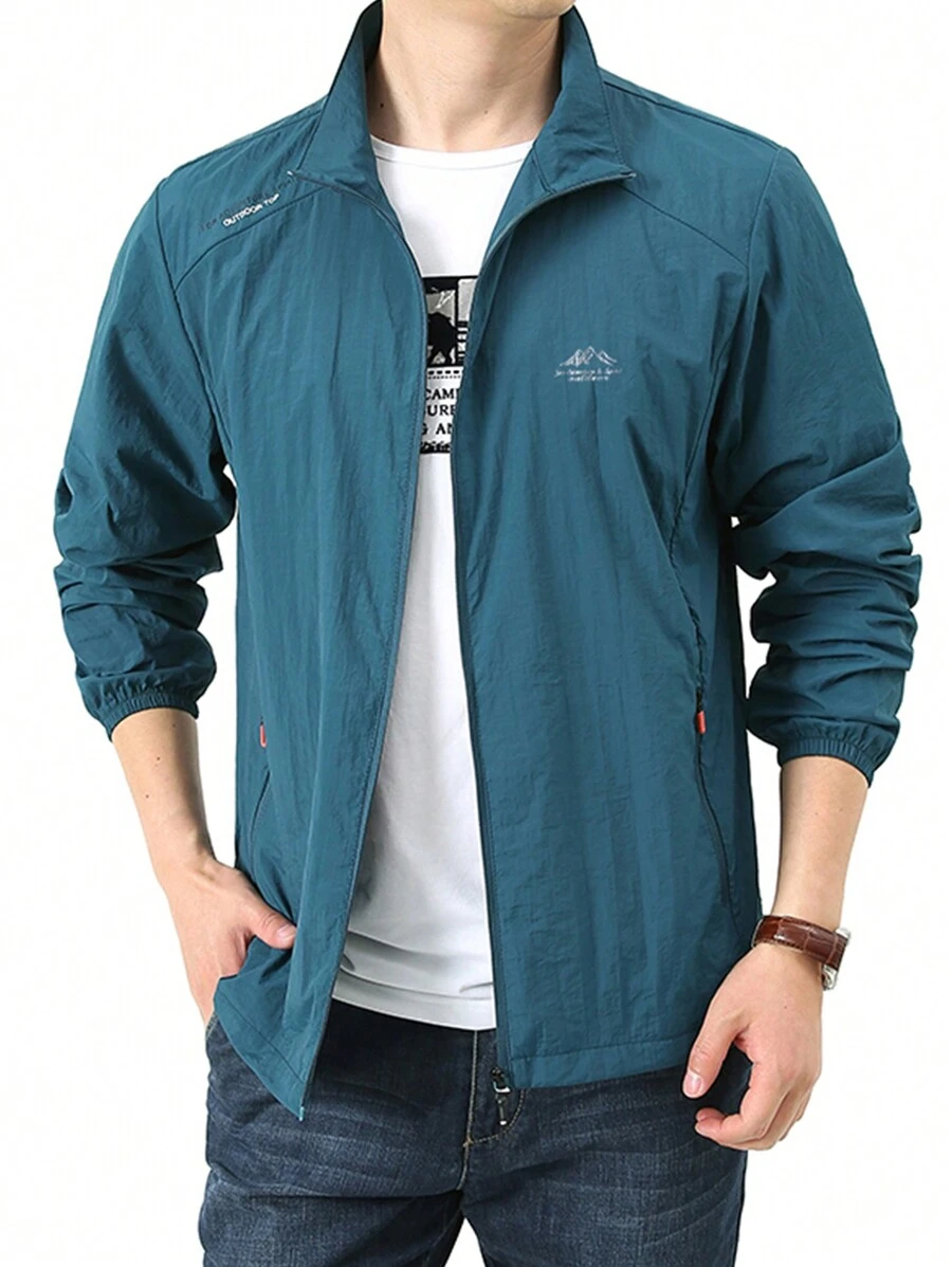 1pc Men's Sun Protection Clothing Solid Lightweight Jacket, Summer, Zipper Pocket, Stand Collar Fishing - Blue - View 1
