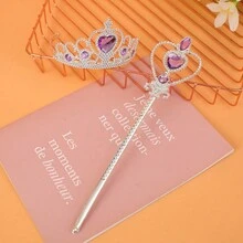 Set de joyas de 1 pieza que incluye diadema de corona de princesa con diamantes de imitación y varita mágica para fiestas de niñas - Multicolor - Ver 4