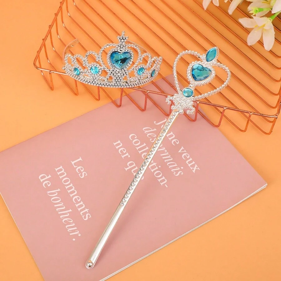 Set de joyas de 1 pieza que incluye diadema de corona de princesa con diamantes de imitación y varita mágica para fiestas de niñas - Multicolor - Ver 1