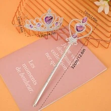 Set de joyas de 1 pieza que incluye diadema de corona de princesa con diamantes de imitación y varita mágica para fiestas de niñas - Multicolor - Ver 5