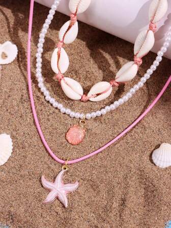 Set de 3 piezas Collar de cuentas con colgante de estrella de mar rosa y conchas, joyería femenina de estilo de vacaciones en la playa
