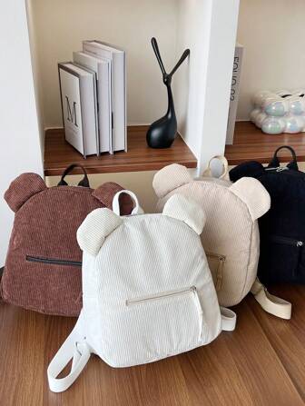 1 件时尚可爱简约灯芯绒熊形背包，适合户外旅行和学校