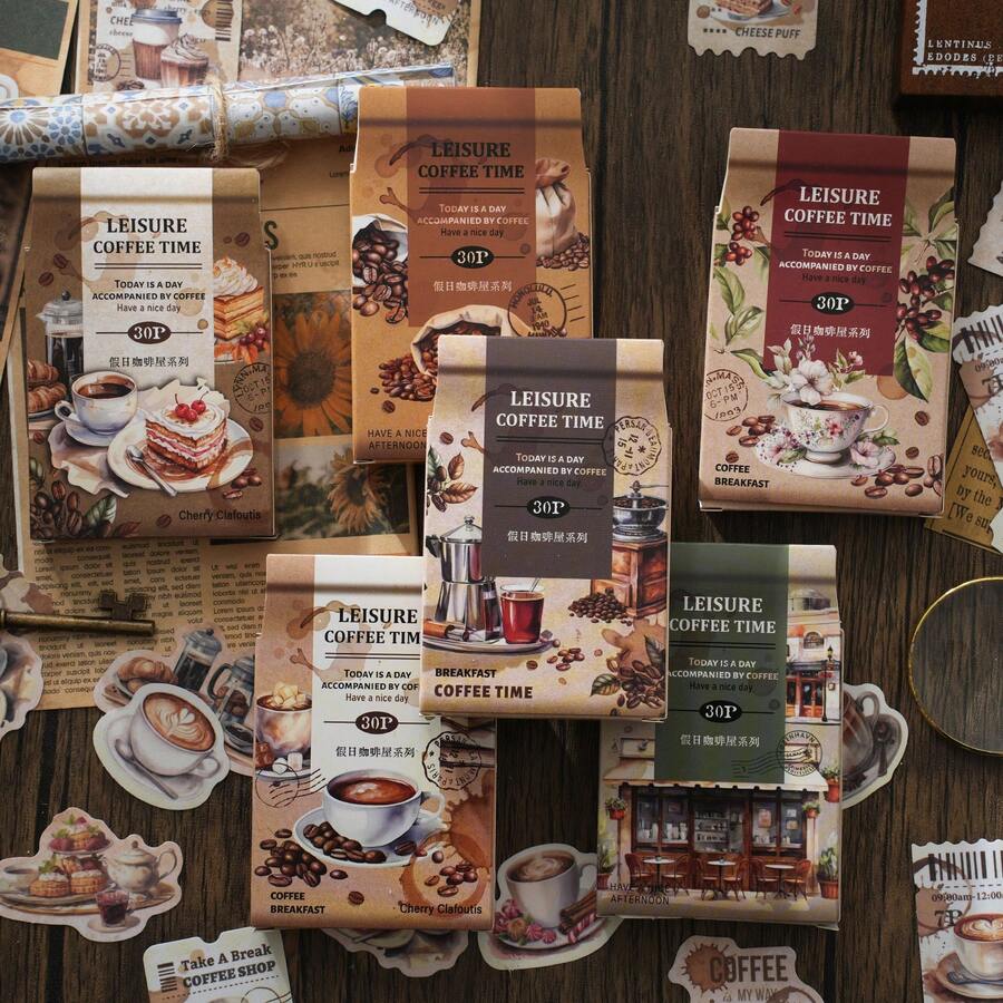 30Pcs/Pack Vintage Coffee Theme Stickers Decor Journaling Phone Case Aesthetic Collage Card Material Personalized Hand Account Journaling Labels - 1 box - View 1