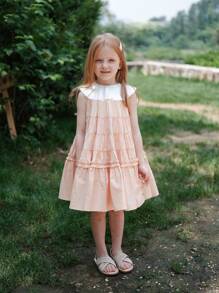 少女無袖翻領拼接連衣裙，可愛甜美公主裙 - 粉色 - 查看 4