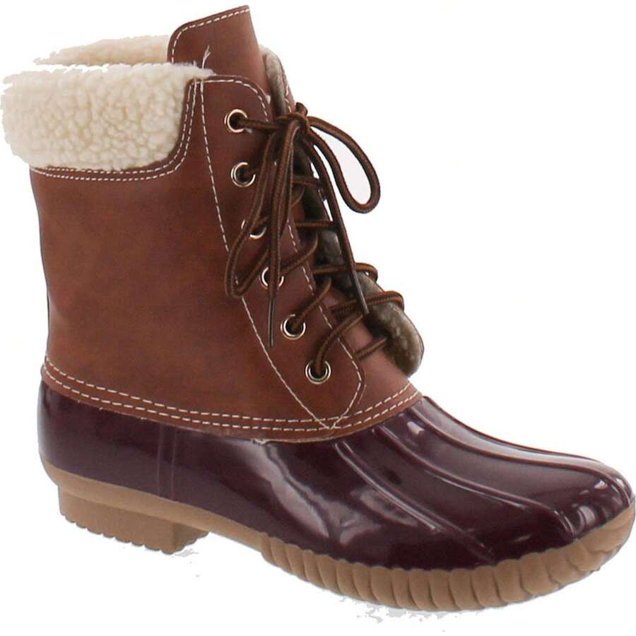 Women's Two Tone Lace Up Ankle Rain Duck Boots - 波爾多 - 查看 1