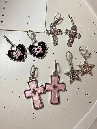 1對創意Y2K粉色蝴蝶結水晶十字銀色螺旋星耳環，可愛的星星耳環女士男士嘻哈Party珠寶禮物