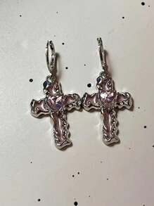 1對創意Y2K粉色蝴蝶結水晶十字銀色螺旋星耳環，可愛的星星耳環女士男士嘻哈Party珠寶禮物 - 彩色 - 查看 6