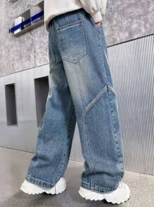 Tween Boy Vintage Streetwear Patchwork Straight Jeans, Casual Loose High Waisted Straight Denim Pants For Tween Boys' - Blue - View 5