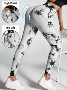 Women's Butt Lifting Tight Yoga Leggings, Fashion Tie-Dye Workout Gym Running Tights,Slimming Fitness Training Pants - Black and White - View 1