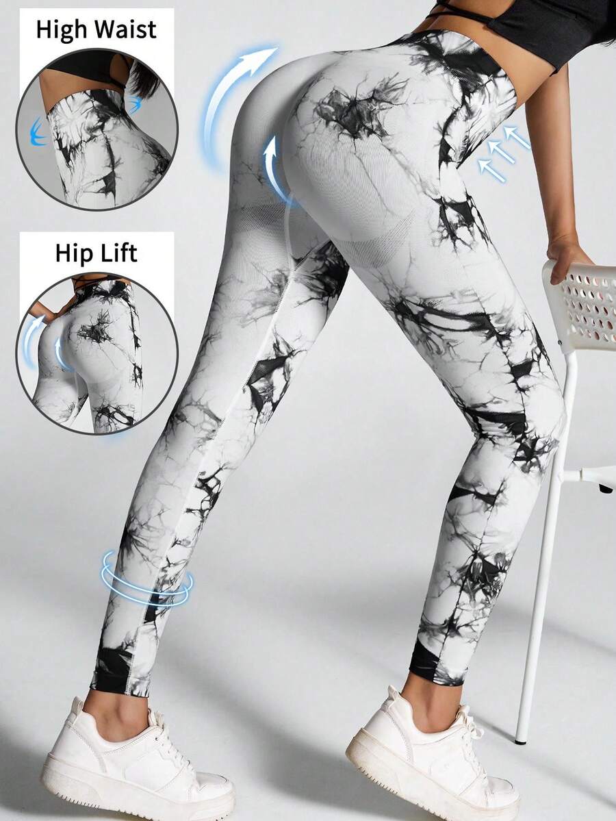 Women's Butt Lifting Tight Yoga Leggings, Fashion Tie-Dye Workout Gym Running Tights,Slimming Fitness Training Pants - Black and White - View 1