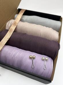 1 Box Women's Shiny Chiffon Hijab Set, Includes 4pcs Hijabs & 2pcs Hijab Clips, Muslim Headscarf, Gift For Wedding, Valentine's Day - Pink - View 1