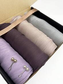 1 Box Women's Shiny Chiffon Hijab Set, Includes 4pcs Hijabs & 2pcs Hijab Clips, Muslim Headscarf, Gift For Wedding, Valentine's Day - Pink - View 2