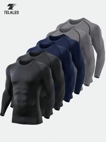 TELALEO Boyfriend Style Men's 6pcs/Set Compression Breathable Long Sleeve Sport T-Shirt For Spring And Summer Outdoor Exercise, Running Compression Shirt Gym Top - Multicolor - View 1