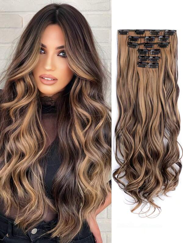 Clip In Hair Extension 20Inch  Long Synthetic Hair Heat Resistant Hairpiece Natural Wavy -Chocolate Brown With Caramel Blonde Highlights Hair Piece