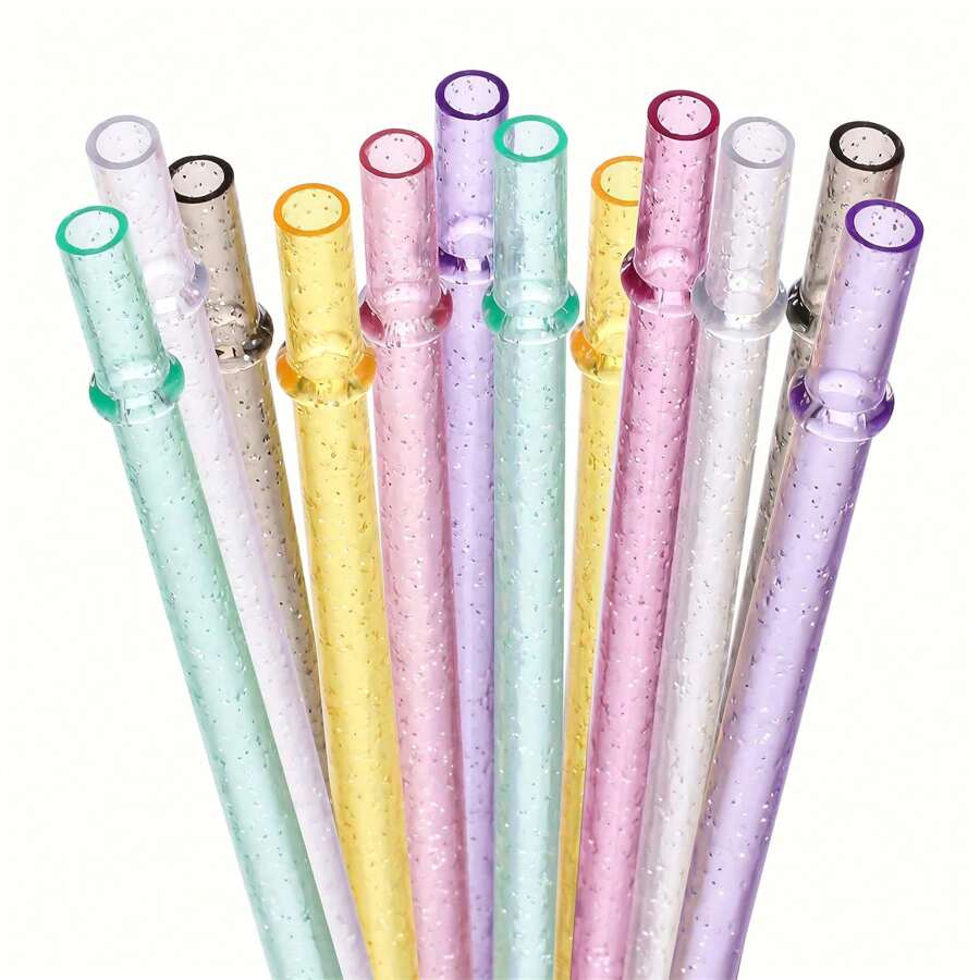 12pcs, Straw, Reusable Clear Plastic Glitter Straws, 12.4/9.06 Inch