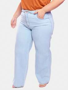 Plus Size Women's Straight Basic Wide Leg Jeans Light Wash High Waist 100% Cotton Ref: 2633 - 淺色水洗藍 - 查看 2