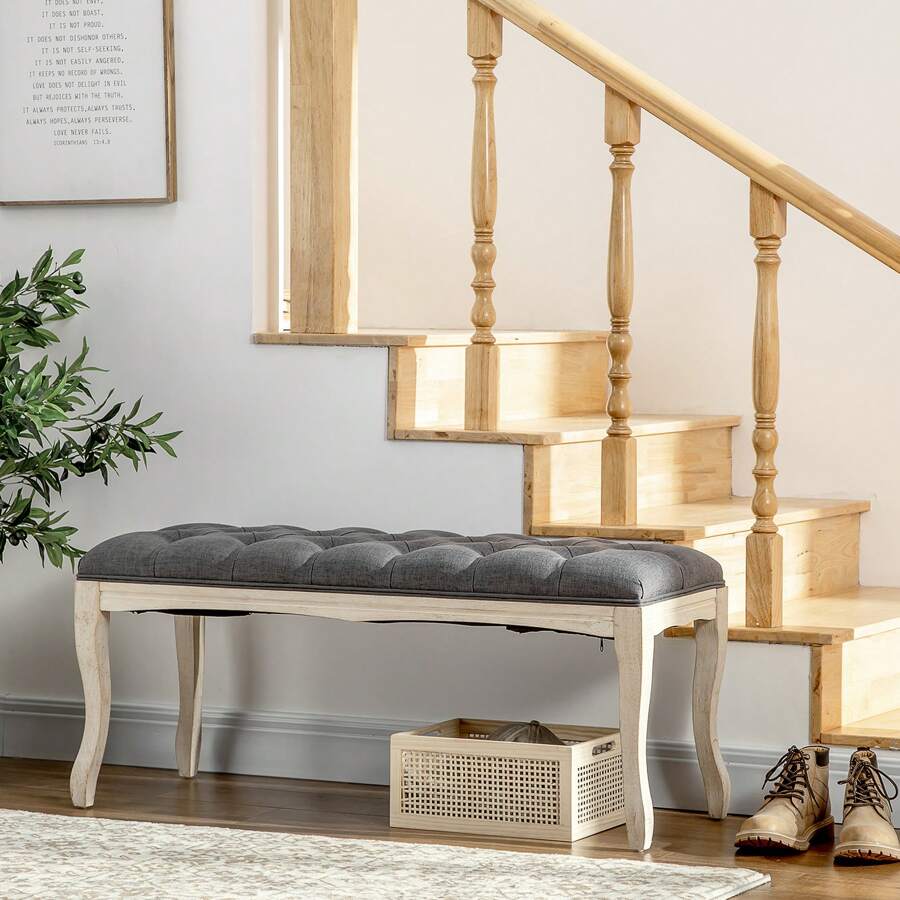 HOMCOM Banc Banquette capitonnée Style Classique 110 cm Bout de lit Rembourrée en lin piètement Bois hévéa sculpté Lin Beige - Beige - Voir 1