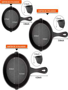 Juego de 3 Sartenes de Hierro Fundido con 12 utensilios de cocina Apto para todo tipo de cocinas la cocina diaria, herramienta ideal EN LA COCINA, Sartenes Antiadherentes (6.1", 8.2" y 10.4"), Freír filetes, Negro - Negro - Ver 3