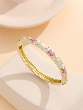 1pc Fashion New Boho Style Gold Plated Beige Enamel Cloisonne Bracelet Bangle Jewelry For Girls And Women