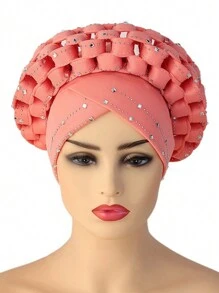 1pc Adjustable Muslim Hijab Auto Gele With Space Braid, Rhinestone Embellished African/ Cap Hair Sleep Cap - Hand-woven Hot Diamond - View 9