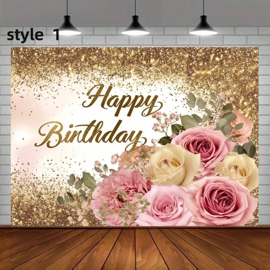 1 pieza, Imagen de fondo de cumpleaños del Día de la mujer, Fondo de fotografía de fiesta en rojo, rosa y dorado con flores brillantes, Decoración de estudio de cumpleaños, Tamaño del producto 150 cm/59in * 100 cm/39in - Multicolor - Ver 1