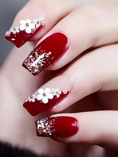 24pcs Short Coffin Shaped Press On Nails, Nails Press On With White Camellia, 1 Piece Of Jelly Glue And 1 File, Suitable For Dance Parties, Dates, Daily Wear, Christmas Red Nails, Red Nails, Short Square Nails, Cute Nails Nail Supplies