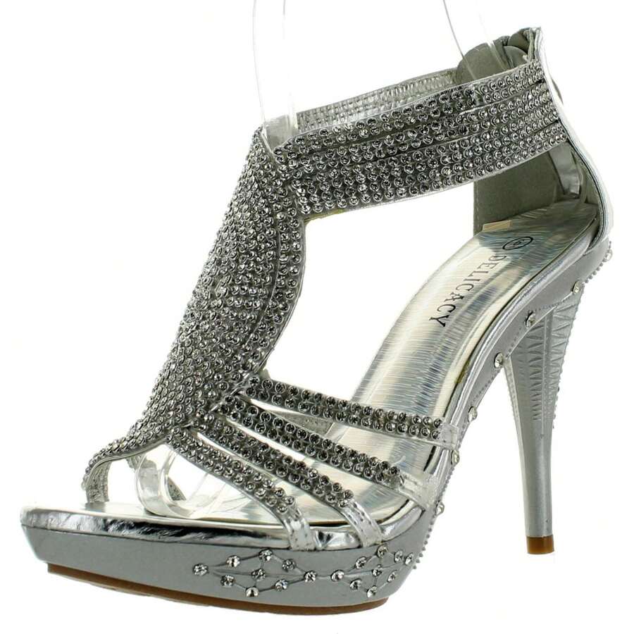 Women's Rhinestone Embellished Strappy Dress Pumps Shoes - Silver - View 1