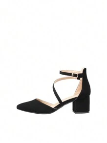 Women's Closed Pointed Toe Low Chunky Heels Pumps Ankle Strap Wedding Business Dressy Shoes - màu đen - Xem 9