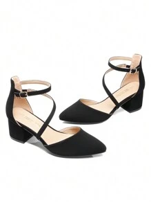 Women's Closed Pointed Toe Low Chunky Heels Pumps Ankle Strap Wedding Business Dressy Shoes - màu đen - Xem 6