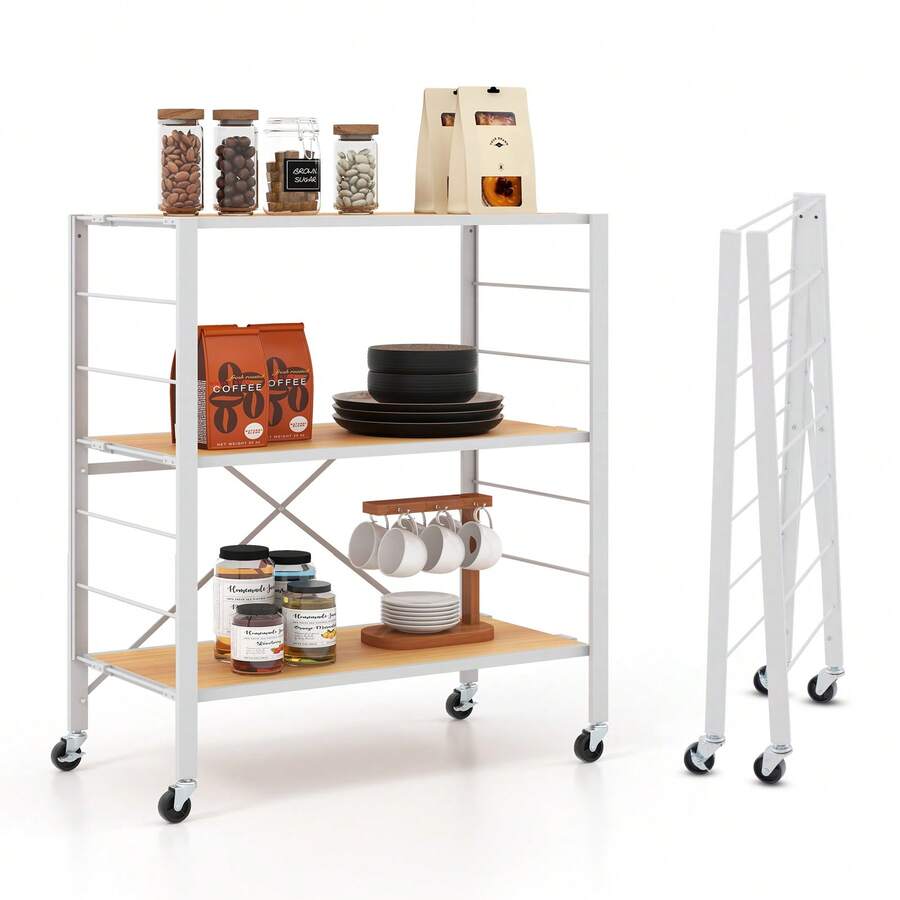 3-Tier Foldable Shelving Unit, Heavy Duty Metal Shelves With Detachable Wheels, Height-Adjustable Shelves, Anti-Toppling System, Portable Storage Rack For Kitchen, Dining Room, Garage, Pantry - Khaki - View 1