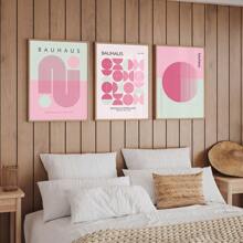 Uppsättning med 3 moderna rosa Bauhaus-stil väggkonsttryck på canvas, Bauhaus-affischer, abstrakt geometrisk väggkonst, modern väggkonst, galleriväggkonstset, sovrum vardagsrum hall matsal konstverk, väggdekor, sommardekor, rumsdekor, oinramad - Rosa - Visa 6