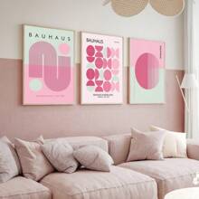 Uppsättning med 3 moderna rosa Bauhaus-stil väggkonsttryck på canvas, Bauhaus-affischer, abstrakt geometrisk väggkonst, modern väggkonst, galleriväggkonstset, sovrum vardagsrum hall matsal konstverk, väggdekor, sommardekor, rumsdekor, oinramad - Rosa - Visa 2