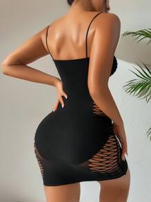 1 pieza Vestido ajustado sexy de malla hueca de red para mujer sin bikini para festival de música, día de San Valentín, ropa de playa transparente para el verano con traje de baño para mujer