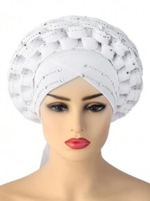 1pc Adjustable Muslim Hijab Auto Gele With Space Braid, Rhinestone Embellished African/ Cap Hair Sleep Cap - Hand-woven Hot Diamond - View 18