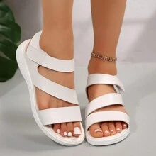 Women's Simple New Spring/Summer Athletic Sandals, Fashion Roman Style, Flat Soft Sole White Plus Size Beach/Music Festival Shoes, Asymmetric Asymmetrical Design - White - View 3