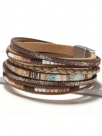 1 pieza Pulsera europeo y americano estilo aleación de zinc & PU cierre magnético caqui para de mujeres moda con desplazamiento