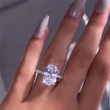 1入流行簡約橢圓形鋯石裝飾銀色合金戒指，適合女性，可日常佩戴或作為訂婚戒指 - 銀色 - 查看 10