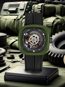 Men's Black Silicone Band Tough Sporty Square Hollow Dial Full Automatic Mechanical Watch - Black - View 3
