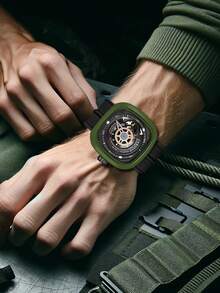 Men's Black Silicone Band Tough Sporty Square Hollow Dial Full Automatic Mechanical Watch - Black - View 5