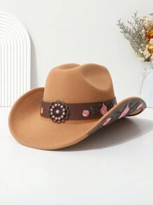 1 件男女通用英式柔软针织费多拉牛仔帽，皮革带上带有粉红绿松石刺绣和粉红花朵贴片情人节 - 彩色 - 查看 6