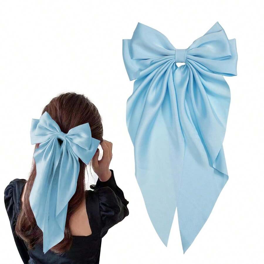 1/2pcs Large Satin Bow Hair Clips, Women/Girls Silky Hair Barrettes With Long Ribbon Tails, White Bow Hair Clips, Wedding Hair Accessories, Ladies Hair Claws, School Supplies, Head Accessories, Hairpin,Summer,Holiday,Travel