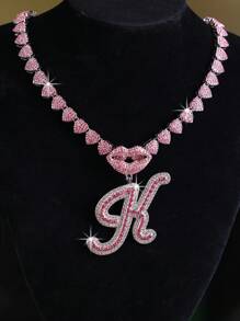 CVNANA قلادة سلسلة مربوطة مزخرفة مليئة بالألماس للرجال والنساء، قلادة حرف الهيب هوب لشفة الشفاه المزخرفة، هدية مجوهرات للفتيات.