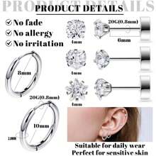 5Pairs 20G Earrings For Women Men Studs And Hoop Earrings CZ Flat Back Stud Earrings For Sensitive Ears Hypoallergenic Cartilage Helix Earrings