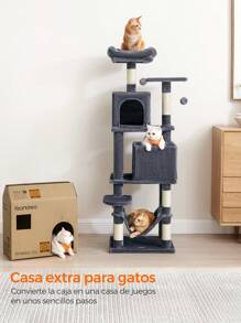 Feandrea Árbol para Gatos de 155 cm de Altura, Rascador para Gatos con 5 Postes, Felpa Multicapa, 2 Plataformas, 2 Cuevas, Hamaca, 2 Pompones, Gris Claro - Gris Oscuro - Ver 3