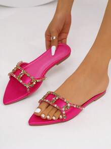 Women's Handmade Rhinestone Decoration Slip-On Sandals, Charming Toe-Revealing Shoes - Hot Pink - View 1
