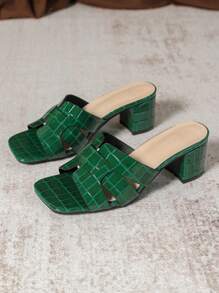 加大码女式高跟凉鞋，防滑耐用粗跟一脚蹬凉鞋，时尚方头粗跟凉鞋，适合大脚 - 墨綠色 - 查看 5